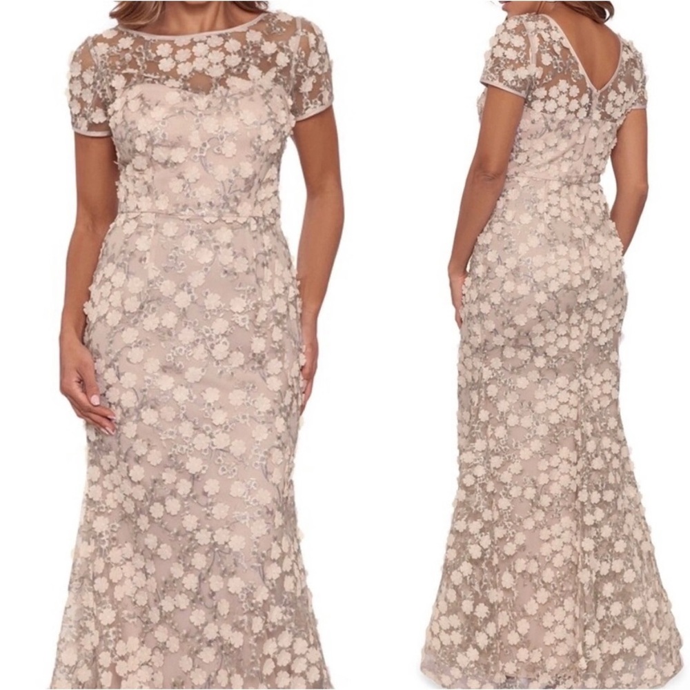XSCAPE Long Cap Sleeve Trumpet Ballgown With 3 D Flowers, Size 4, Beige, $319